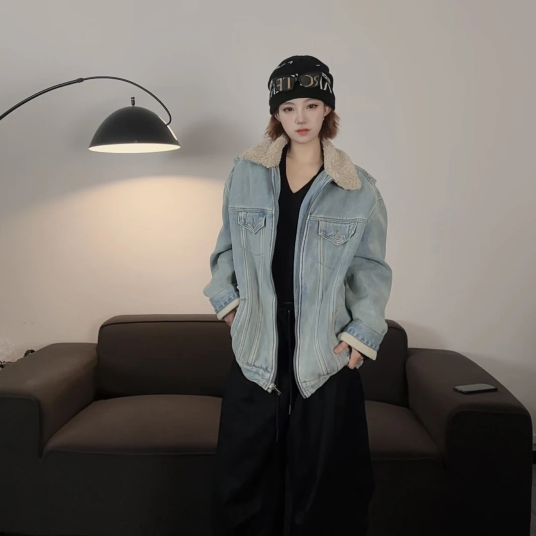 秋冬加厚暖呼呼加绒毛圈领子复古洗水牛仔外套#5525