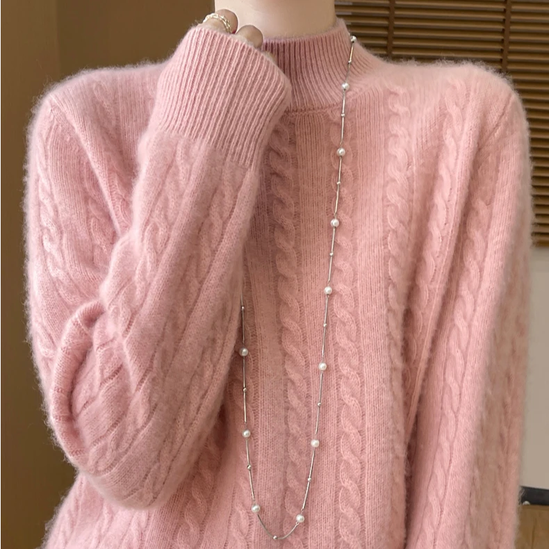 纯羊毛半高领螺纹打底衫秋冬新款毛衣内搭大码女装羊毛衫针织上衣