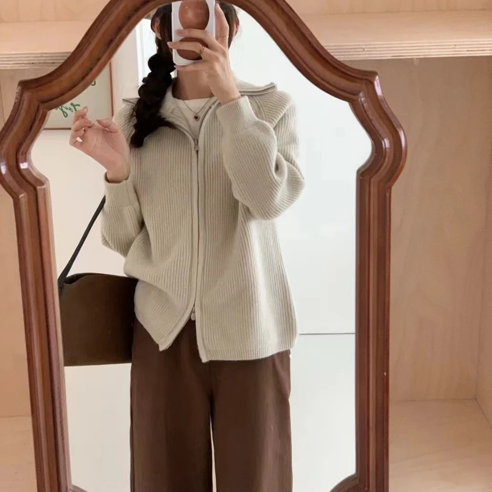 鸡蛋家 双头拉链立领毛衣百搭羊绒纯色开衫时尚休闲宽松秋冬外套