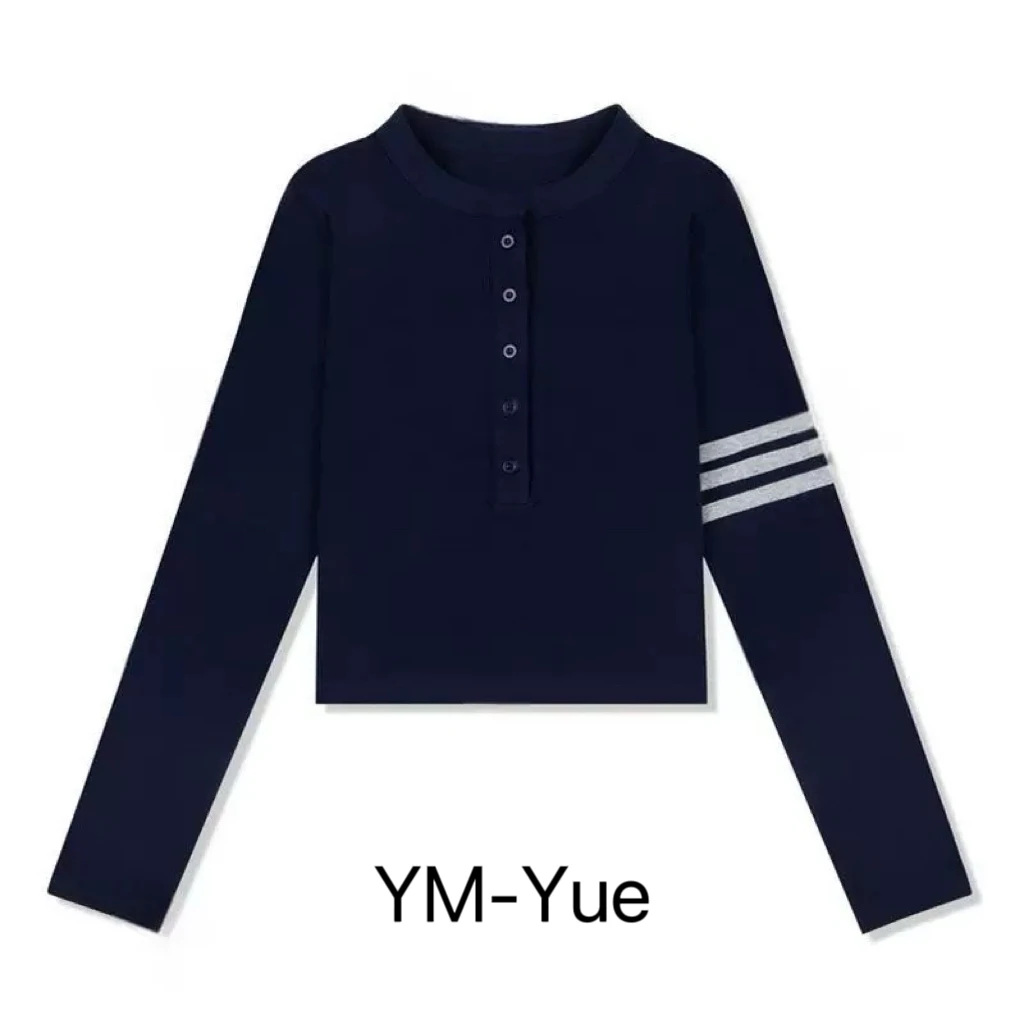 2024秋冬款撞色三杠单排扣显瘦气质上衣女辣妹弹力修身打底衫