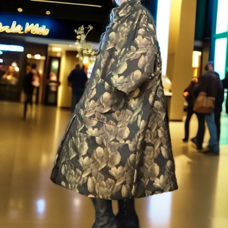 9021【潮妈家】大码宽松复古秋冬冬季长款中国风提花薄棉国潮外套