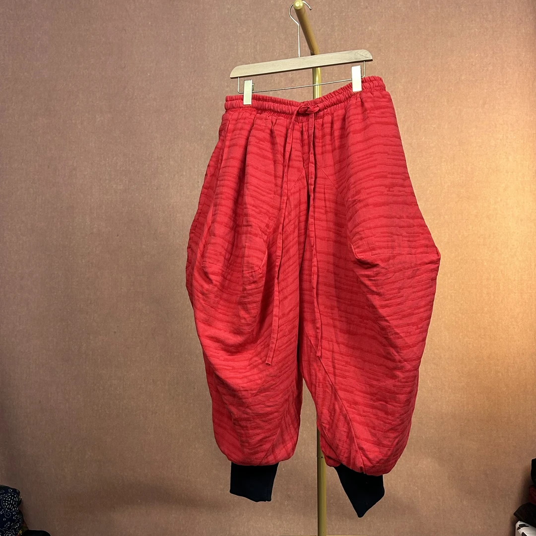 952【潮妈家】大码宽松复古纯色国潮纯色松紧腰棉裤