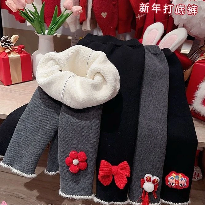 DT2023冬季新款毛球加厚女童新年洋气外穿保暖喜庆加绒加厚打底裤
