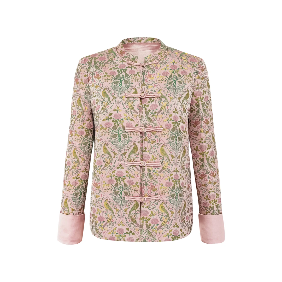 OMZO新款非遗文化传承新中式桑蚕丝宋锦立领盘口外套