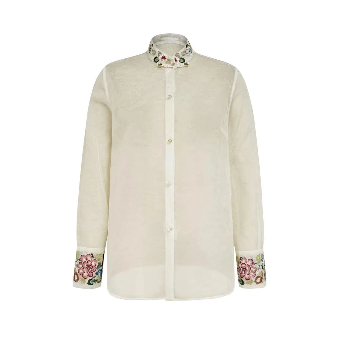 TAG&OMZO新中式风格半高领刺绣袖口薄款长袖衬衫