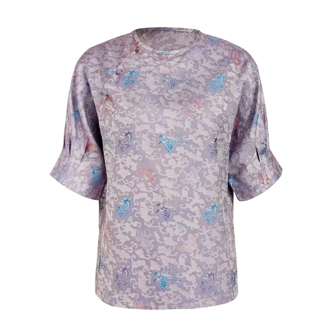 OMZO夏日新中式穿搭桑蚕丝织金花罗金鱼闹彩蝶上衣短裤