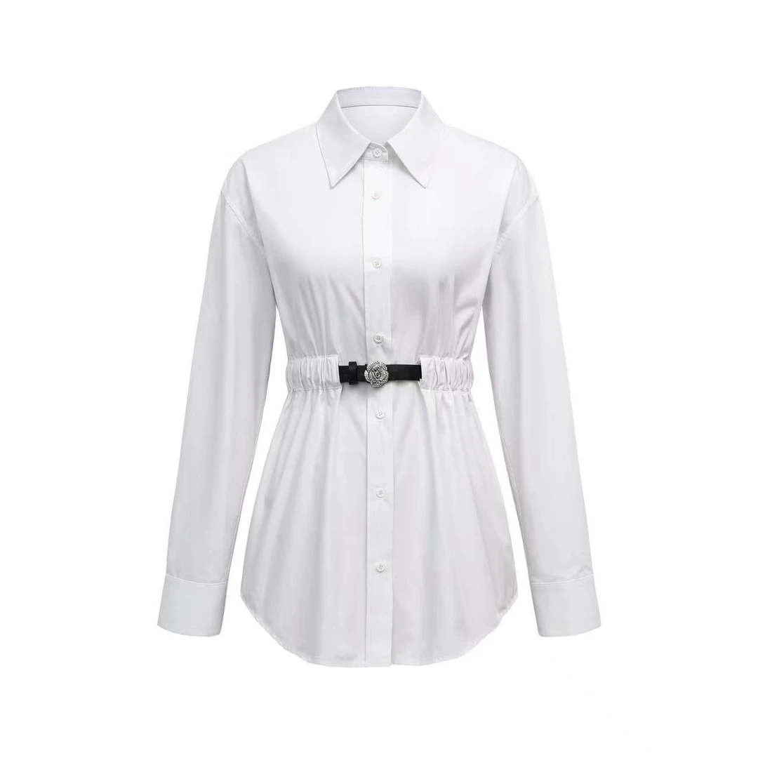 OMZO官方直营可拆卸腰带白色长袖衬衫