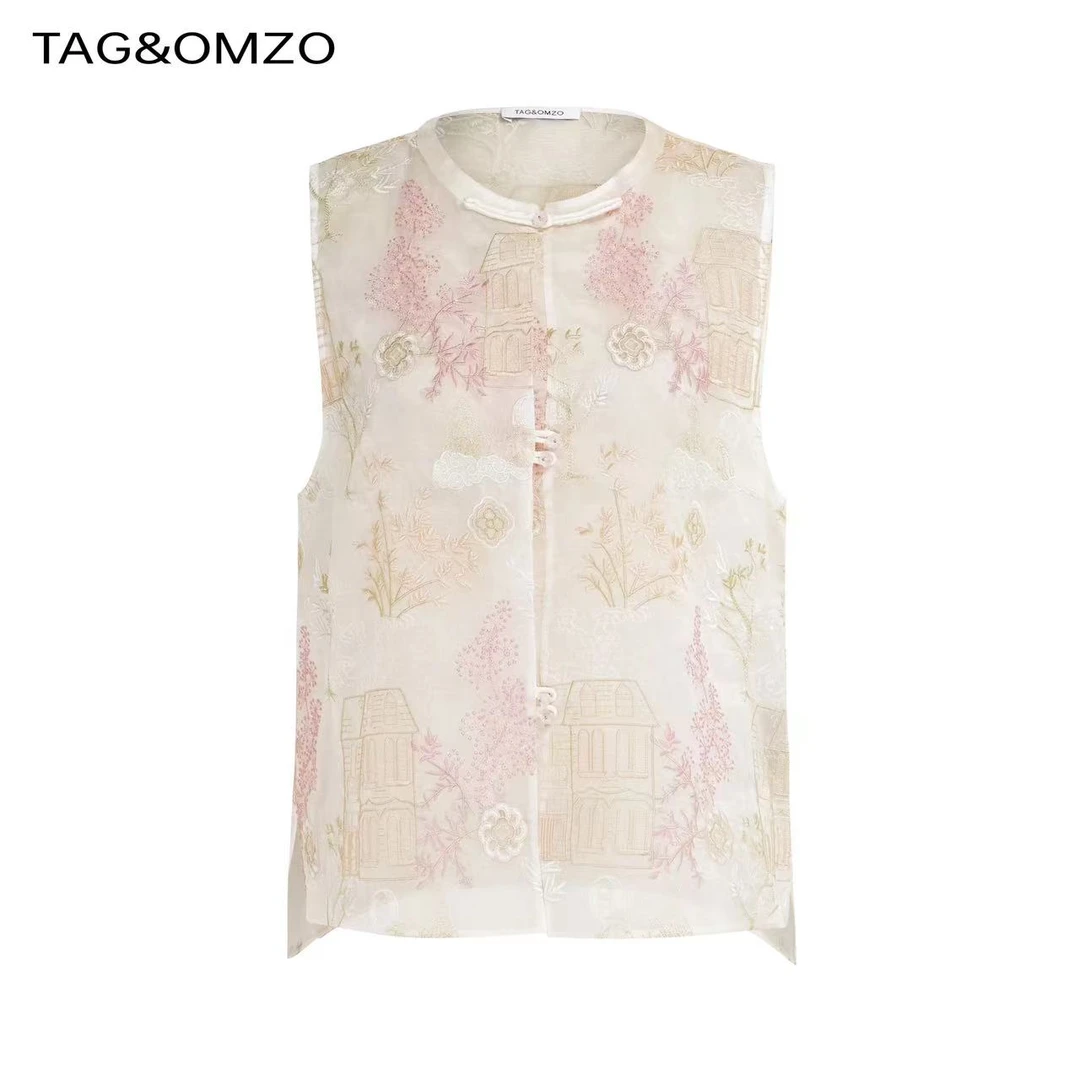 OMZO官方直营新中式风白色春夏百搭重工刺绣提花无袖马甲
