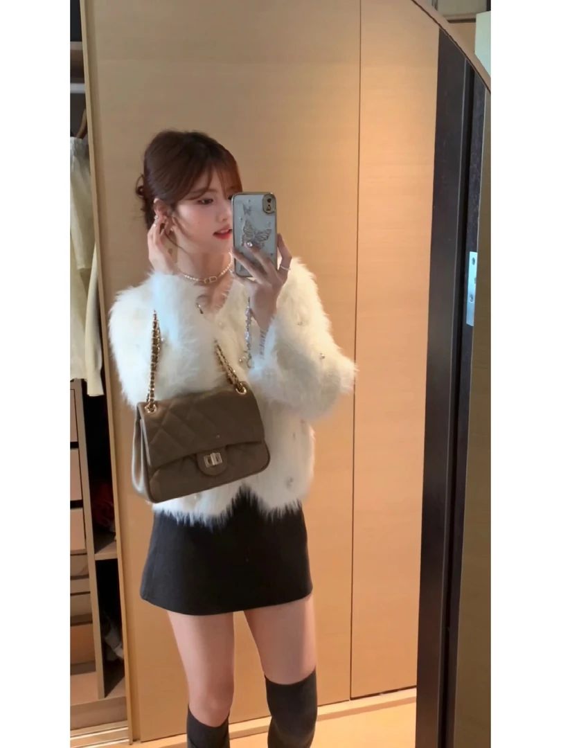 【肉肉】设计感珍珠扣仿貂毛毛衣外套女春秋小香风气质针织开衫上衣