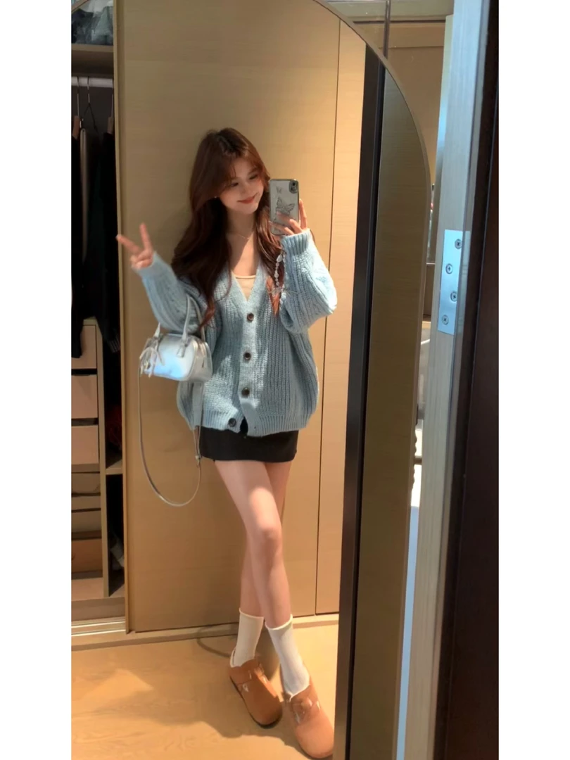 【肉肉】多色韩系慵懒风毛衣V领毛衣开衫外套女春秋针织上衣宽松