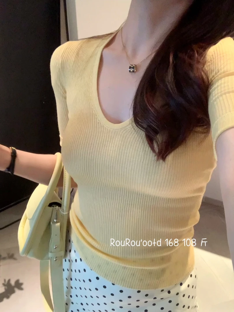 【肉肉】夏款羊羊黄色针织衫女修身显瘦半U领纯色短袖上衣百搭韩版