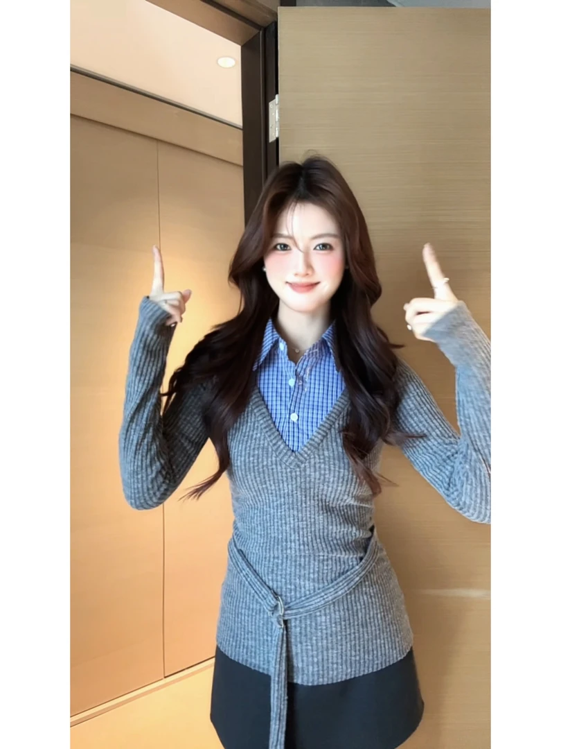 【肉肉】学院风女高设计感假两件毛针织衫女春秋季修身显瘦休闲上衣