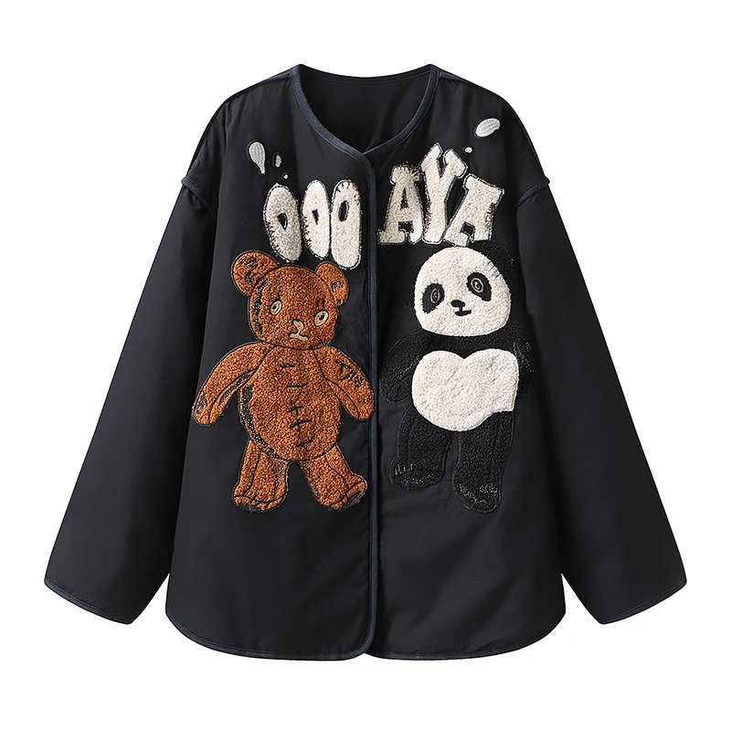 【暖暖】冬季新款熊玩偶经典卡通手刺绣花熊猫棉服宽松外套女X027