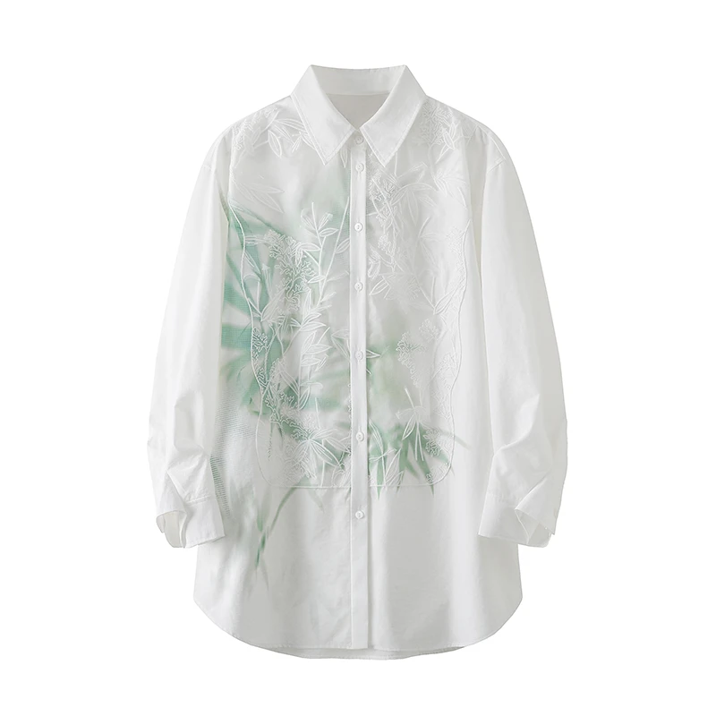 【水云芳】新中式复古蕾丝拼接竹子印花衬衫翻领长袖衬衣女Y5074