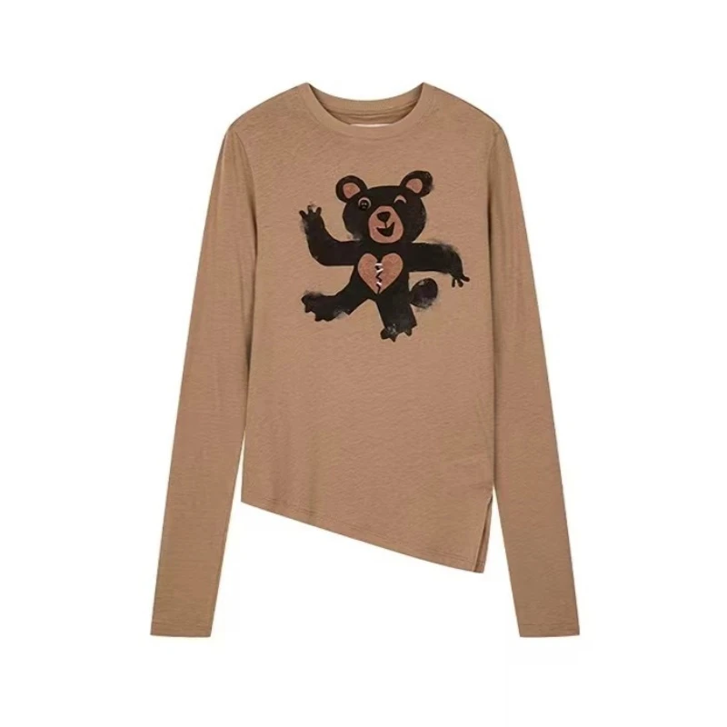 【咖熊】秋季修身小熊印花不规则卡其色圆领长袖T恤打底衫女X002