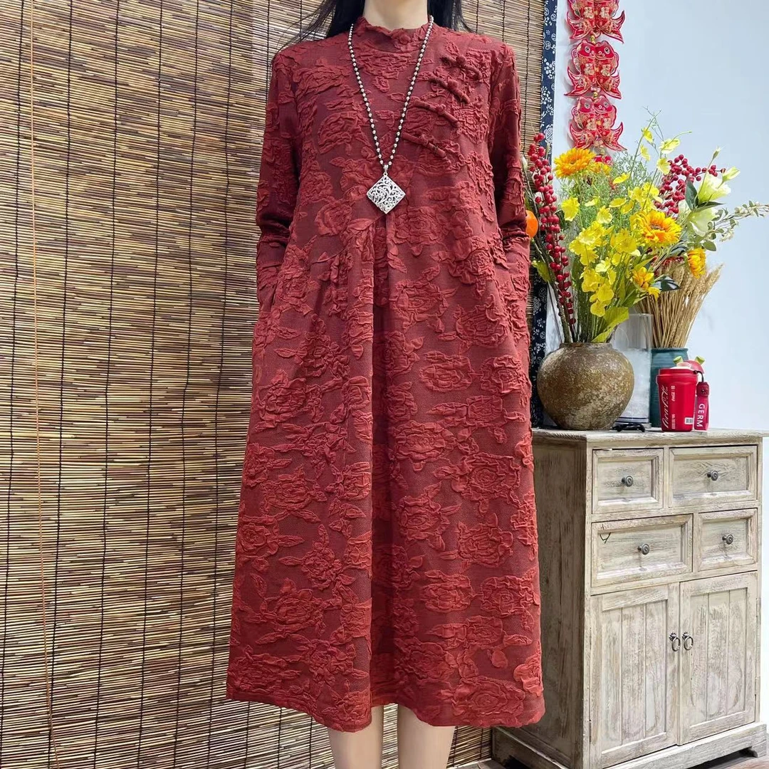 9960春秋新款气质国风盘扣优雅减龄长袖连衣裙