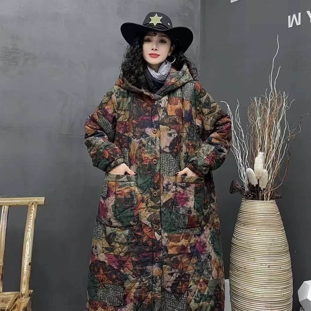 7968新款秋冬复古加厚宽松显瘦长款风衣外套棉服