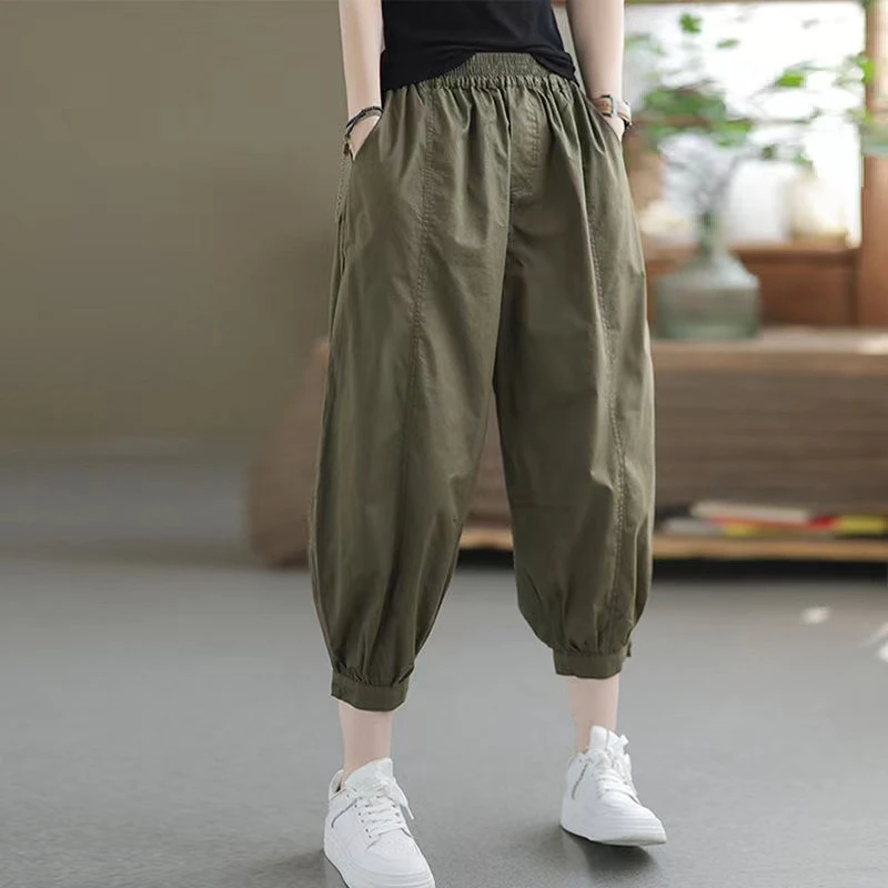 夏季新款哈伦裤女文艺松紧腰休闲灯笼裤大码七分裤时尚百搭阔腿裤