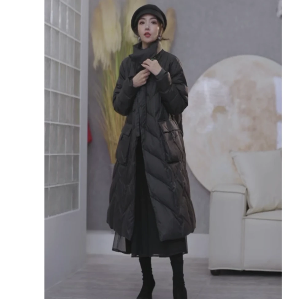 韩版冬季新款立领女复古简约长款纯色过膝白鸭绒羽绒服外套