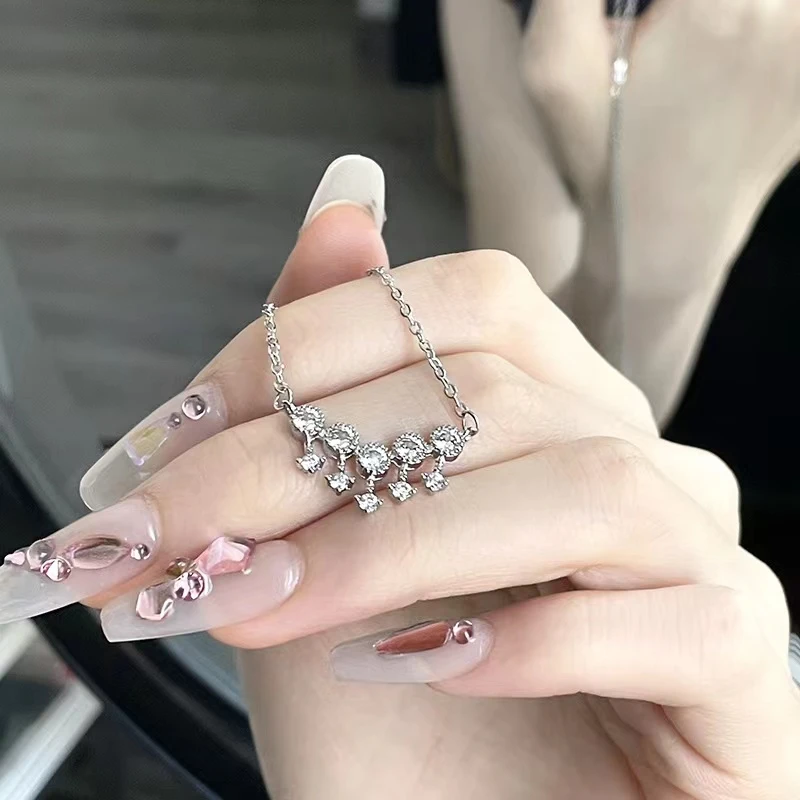 钛钢项链 821-时尚可爱水滴锆石流苏项链