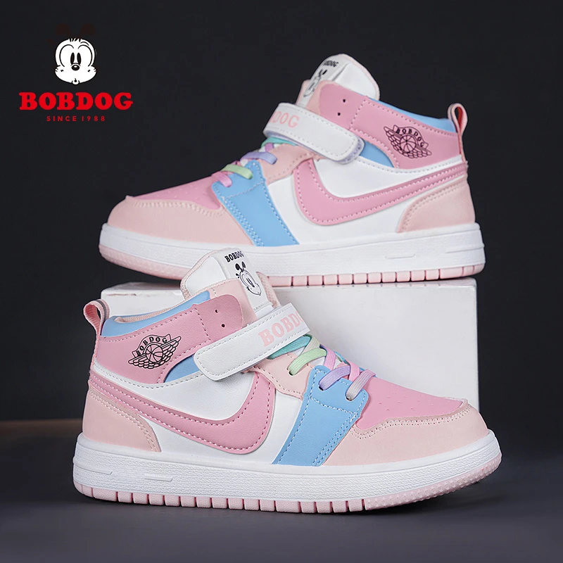 巴布豆童鞋女童板鞋秋冬新款皮面防水儿童高帮休闲鞋小女孩运动鞋