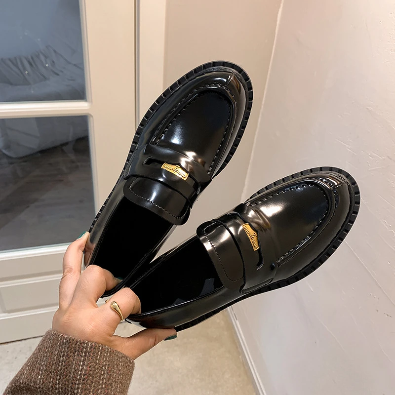 真皮厚底乐福鞋圆头新款鸡排厚底高跟百搭黑色英伦风小皮鞋jk女