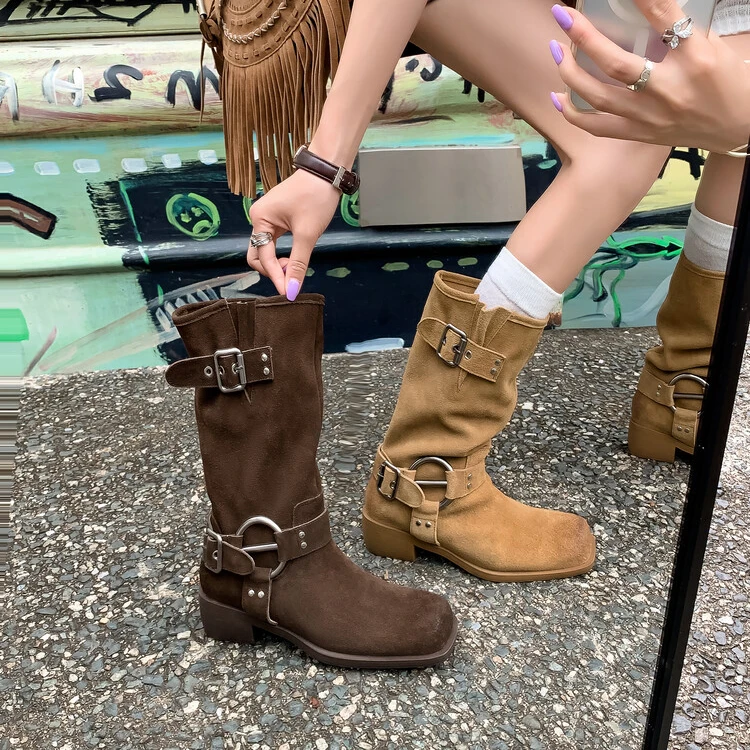 复古靴子绒面骑士靴中筒靴女2024爆款洋气真皮长筒靴时尚经典女靴