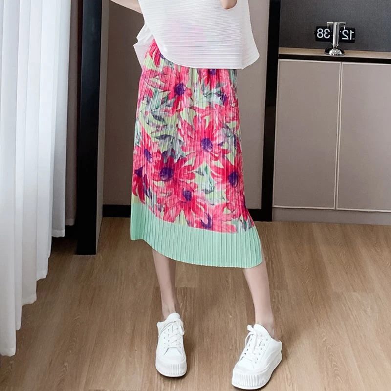 三宅褶皱印花半身裙女夏春秋装显瘦百搭松紧腰开叉包臀直筒百褶裙