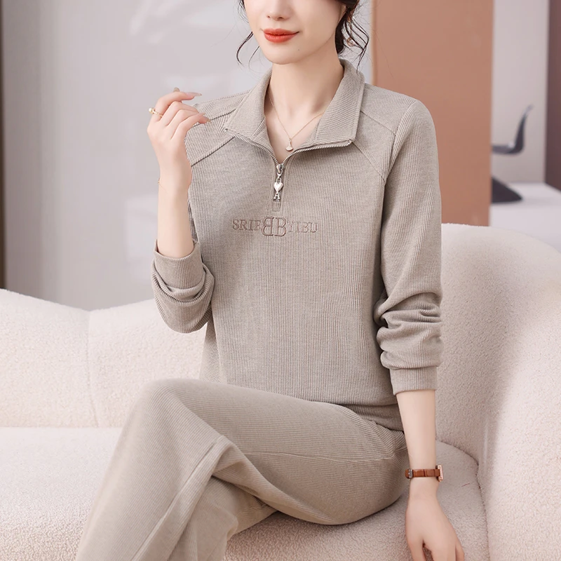 仿羊绒休闲运动服套装女春时尚减龄宽松显瘦立领卫衣跑步服两件套