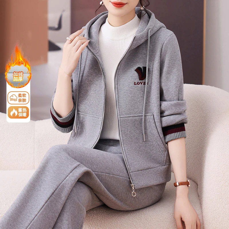 加绒加厚运动套装女秋冬季2024新款时尚连帽保暖跑步休闲服两件套