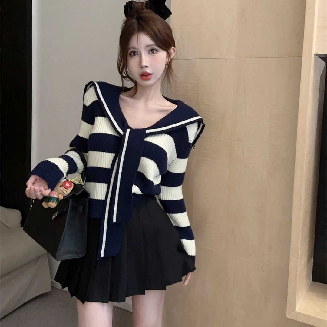 韩版学院海军领条纹套头针织毛衫女高腰秋季时尚高级感短款百褶裙