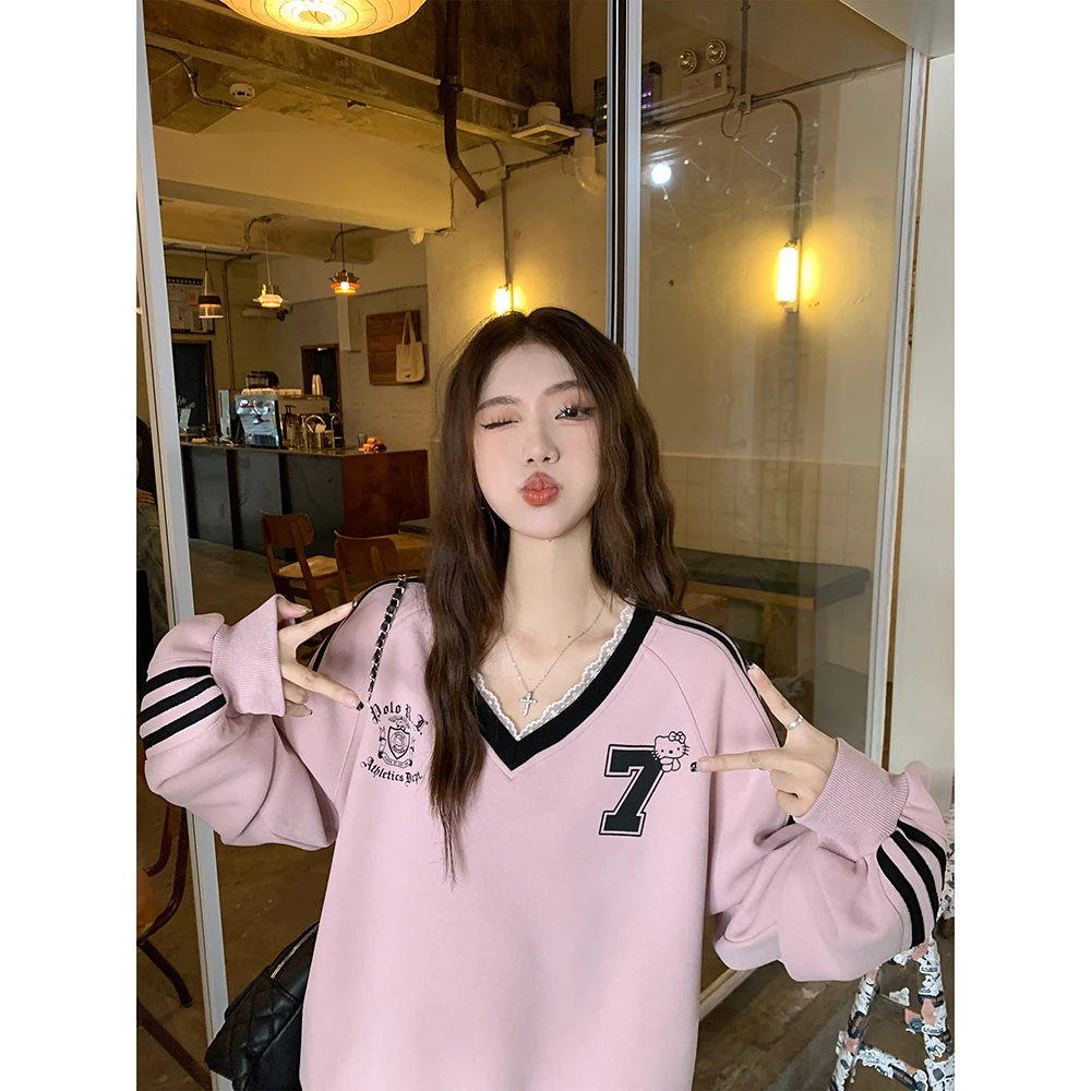 韩系球衣风宽松显瘦休闲卫衣女装秋季蕾丝边拼接撞色条纹长袖上衣