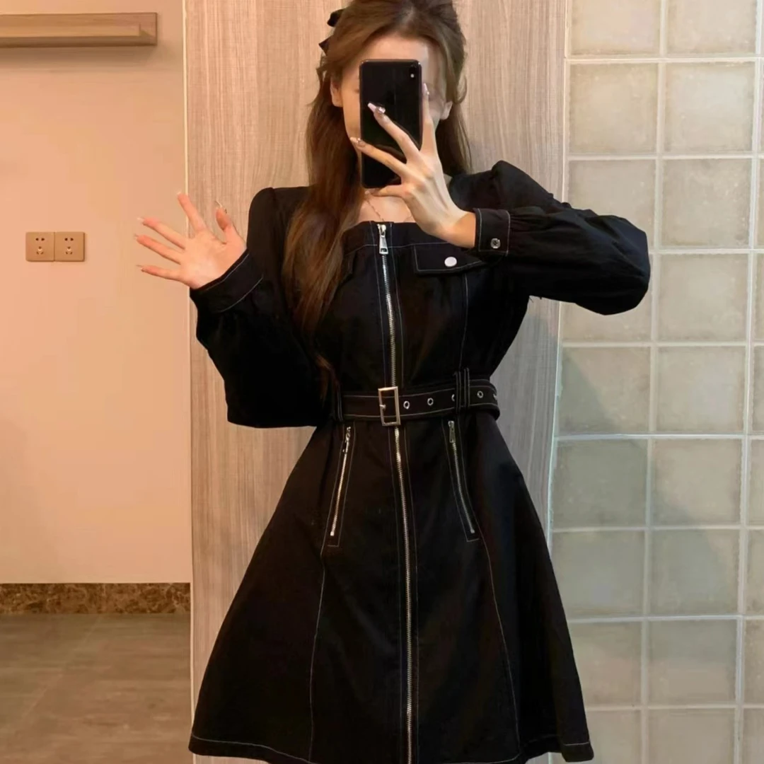 现货-韩版方领显瘦长袖连衣裙时尚秋冬ins设计感气质百搭