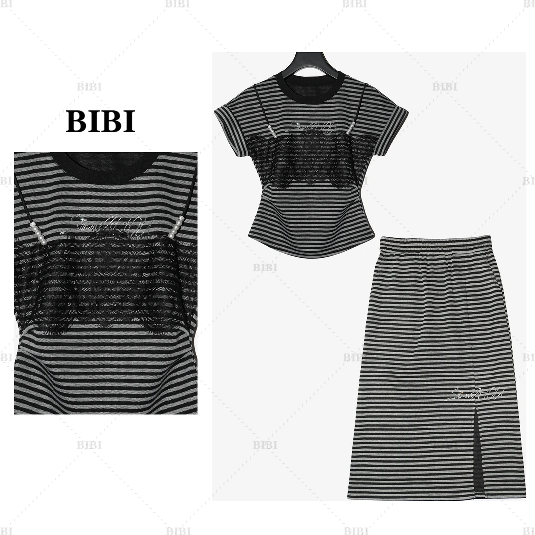 【LZ】条纹珍珠蕾丝套装轻奢潮流撞色修身烫钻短袖高腰半身裙62781