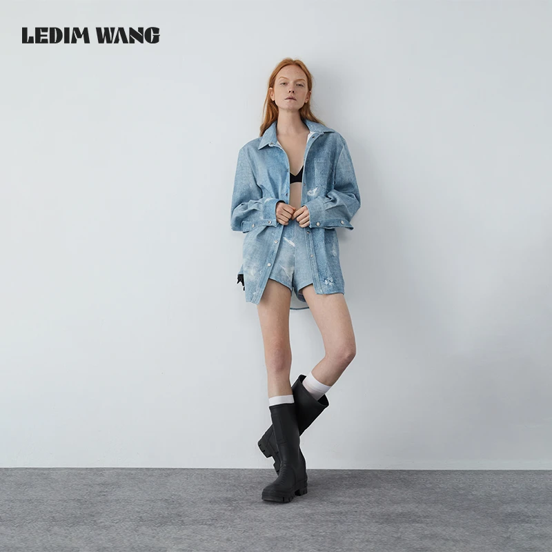 LEDIM WANG印花牛仔长袖衬衣
