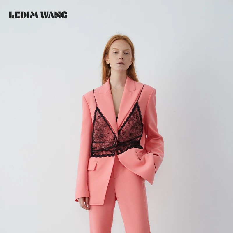 LEDIM WANG假两件蕾丝西服/开叉直筒西裤通勤时尚