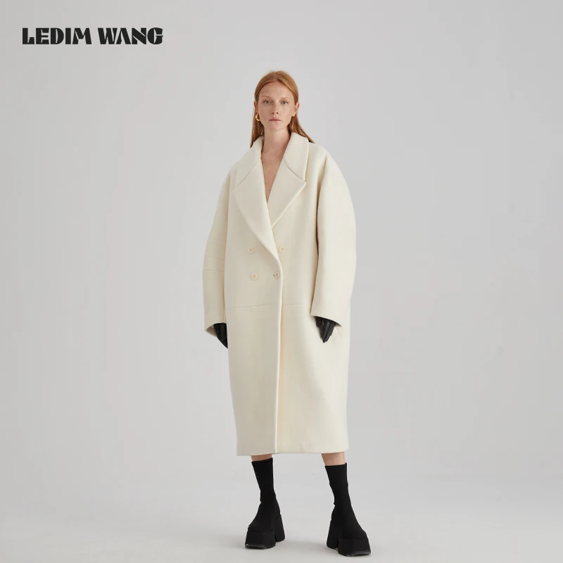 LEDIM WANG茧型低腰线长款大衣女2024冬季新款保暖绵羊毛长款大衣