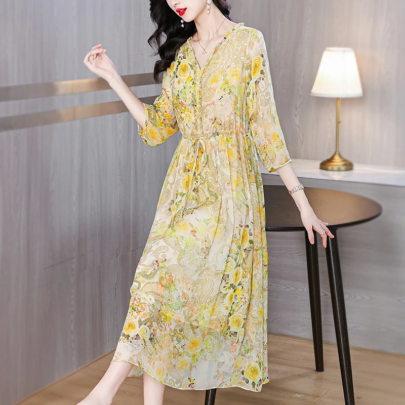 真丝连衣裙夏2025新款高端轻奢名媛气质裙法式度假风碎花高级感裙