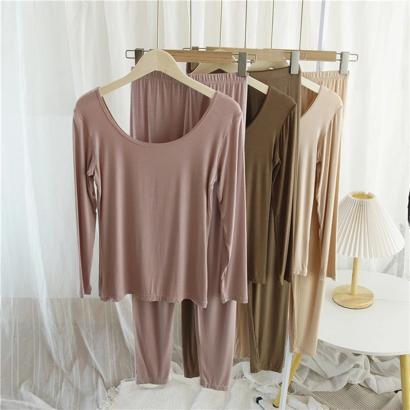 女士保暖内衣套装莫代尔棉秋衣秋裤打底内衣U领线衣线裤薄款肉色