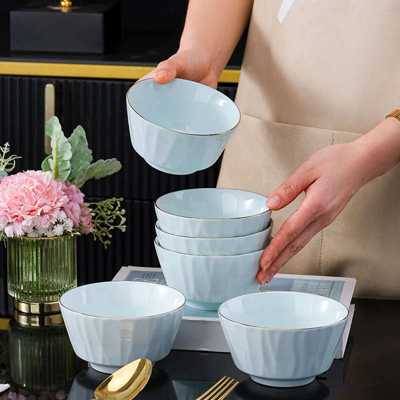 句途10只描金青琉璃碗家用米饭碗4.5英寸吃面碗影青瓷加厚防烫碗