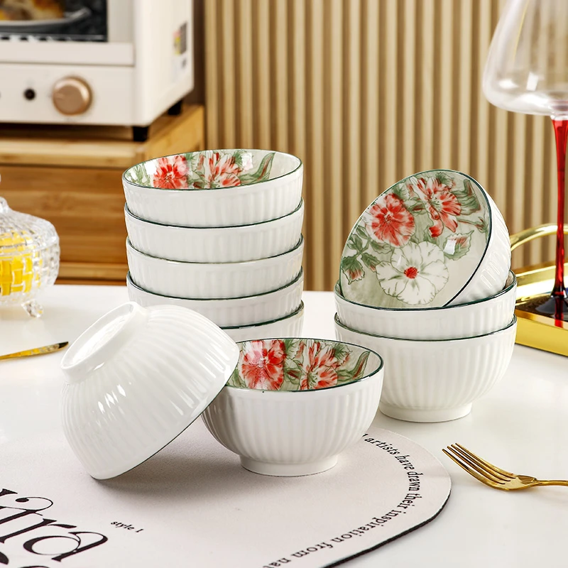 绿色花开富贵10个4.5英寸碗米饭碗吃饭碗家用餐具