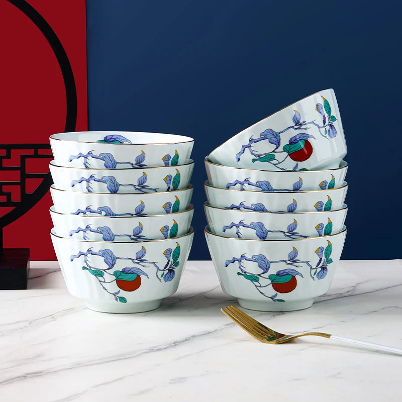 句途10只描金青釉遇见琉璃4.5英寸碗家用米饭碗陶瓷餐具套装