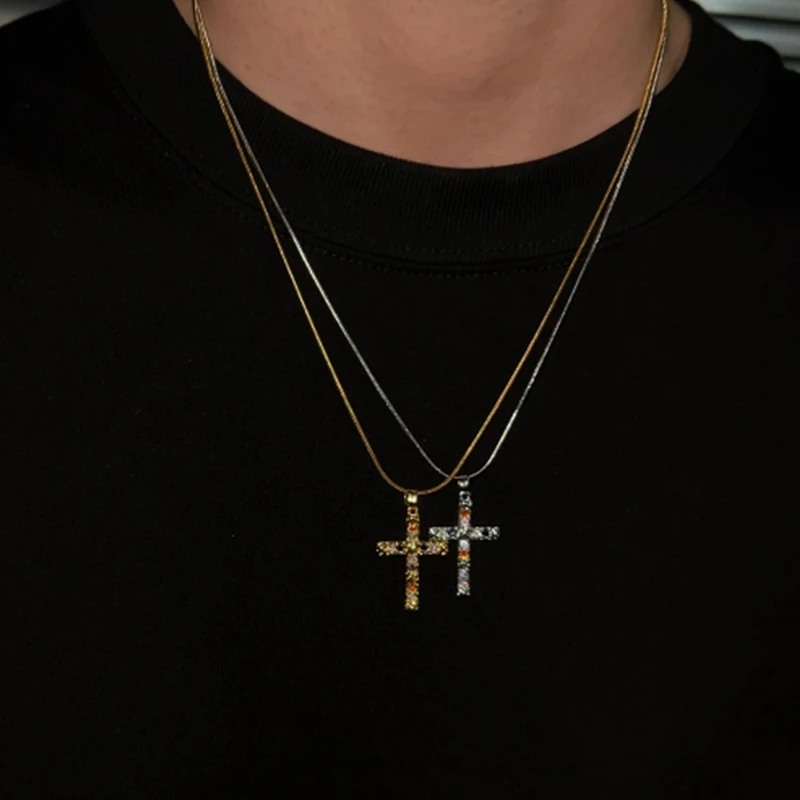 钛钢项链 原创设计水波彩色锆石十字架小众高级感轻奢精致超闪男