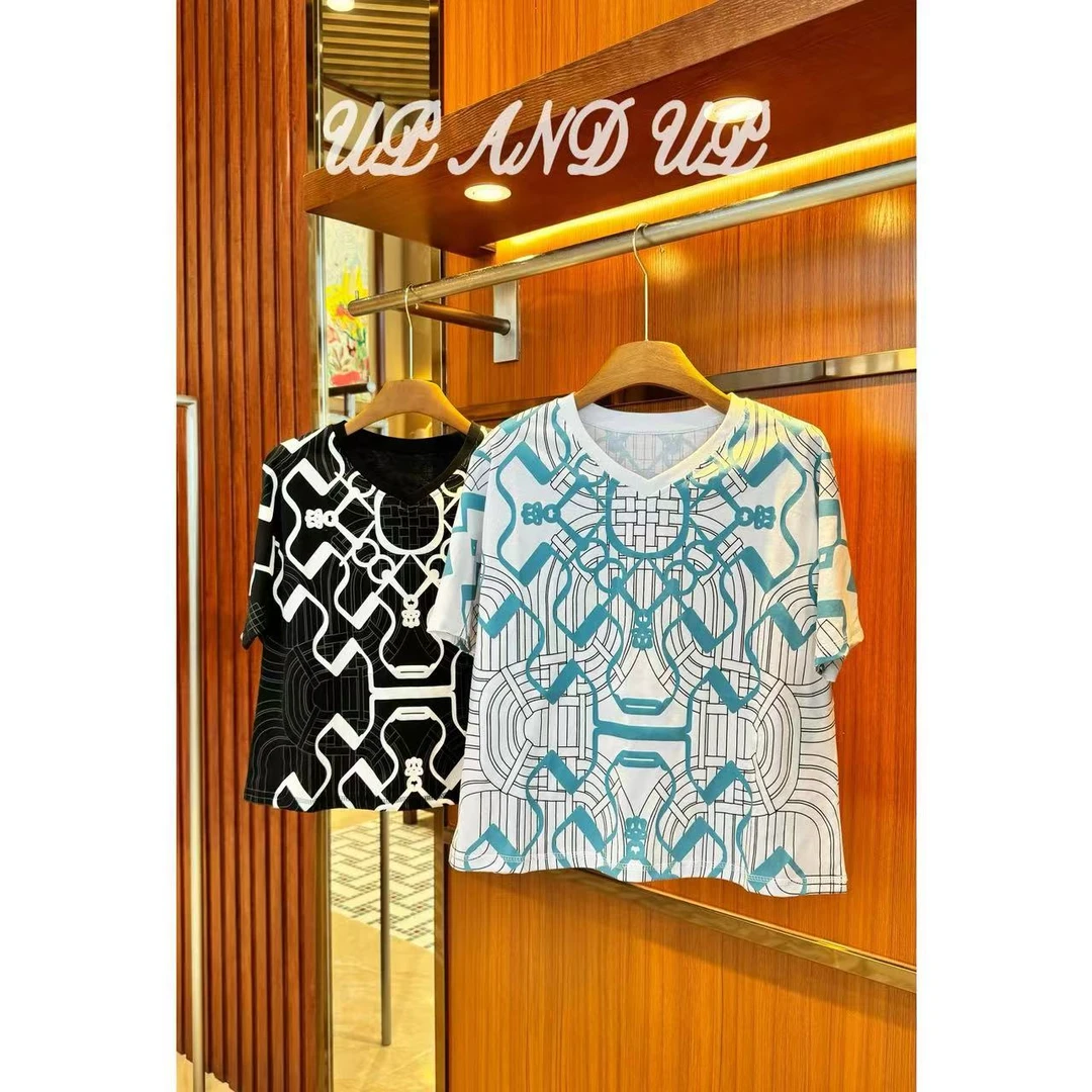 ‘’元气满格‘’夏季新款高级V领撞色印花显瘦百搭短袖上衣T恤