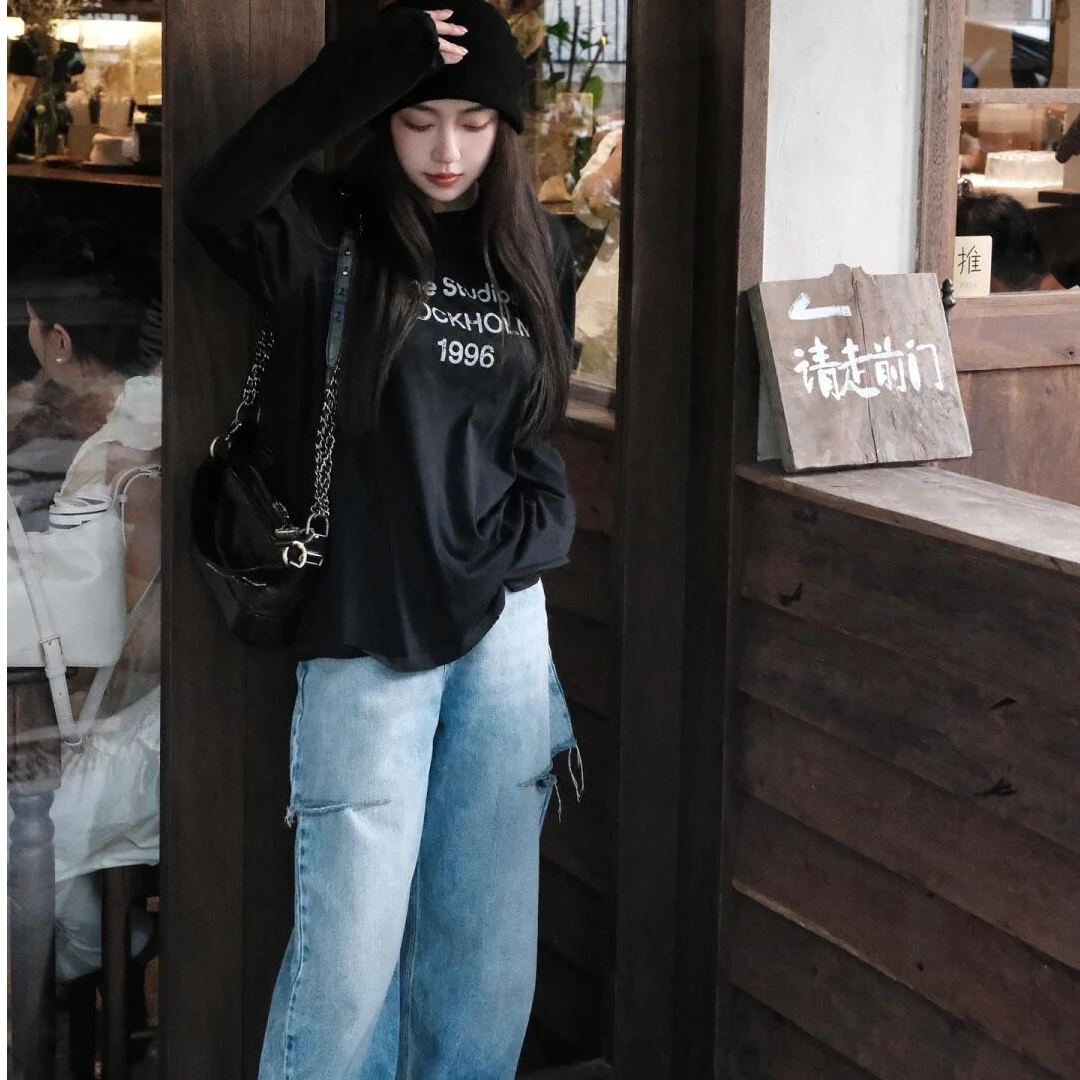 【含华隐曜】秋季时尚简约宽松韩版复古上衣女休闲气质百搭裤子