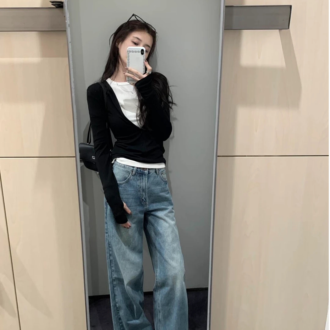 秋季新款百搭气质清冷系禅意衣服女显瘦假两件上衣宽松休闲牛仔裤
