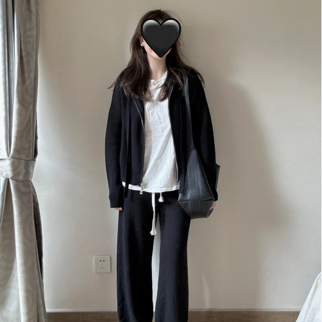 洋气衣服女黑色套装韩系高级感宽松显瘦外套秋季女装休闲长裤上衣