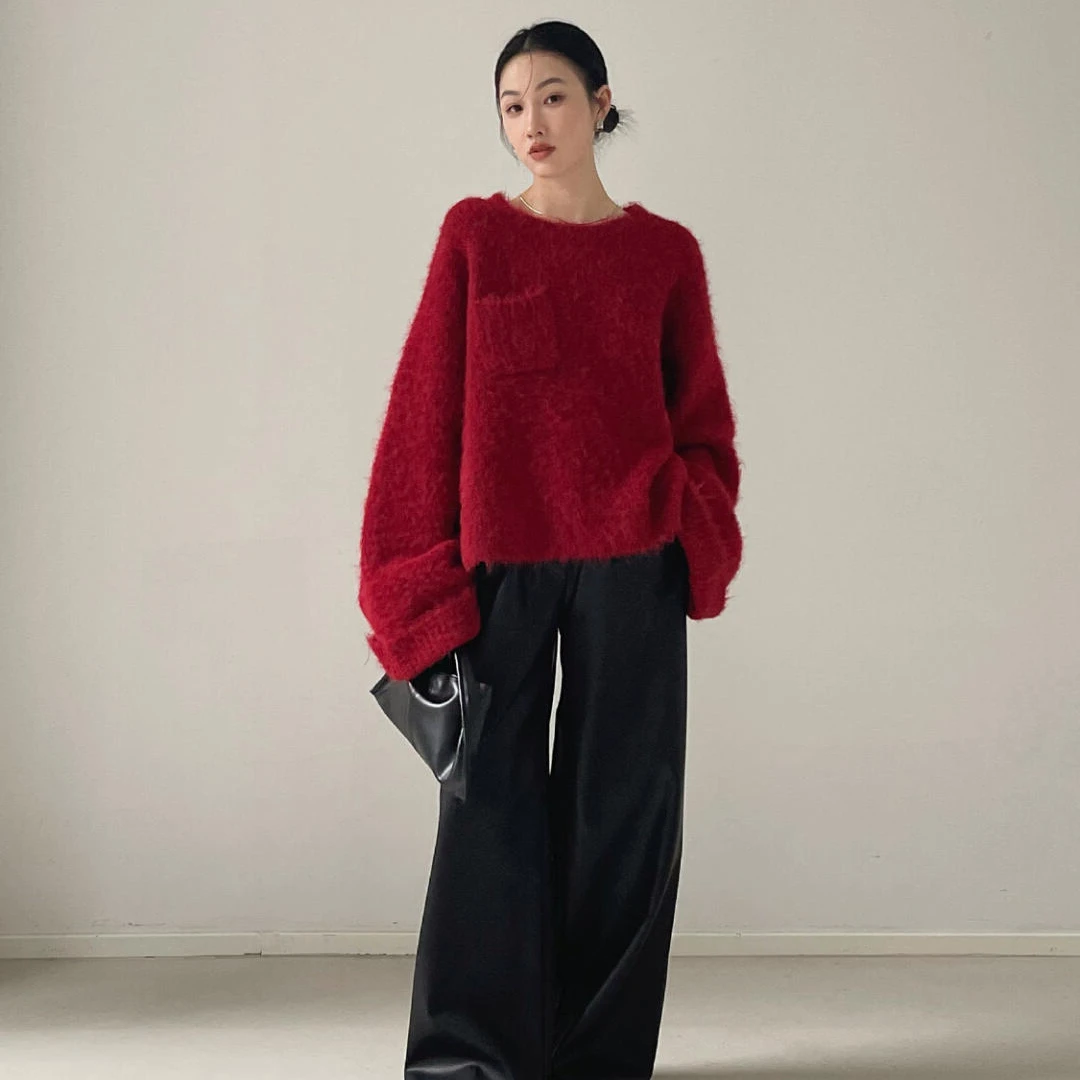 新款跨年衣服一套红色秋冬时尚简针织上衣上班通勤风女装百搭裤子