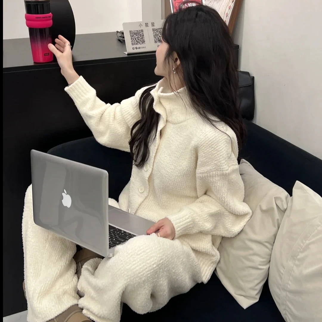 秋冬新款套装慵懒风显瘦宽松针织长袖上衣加厚直筒阔腿长裤两件套