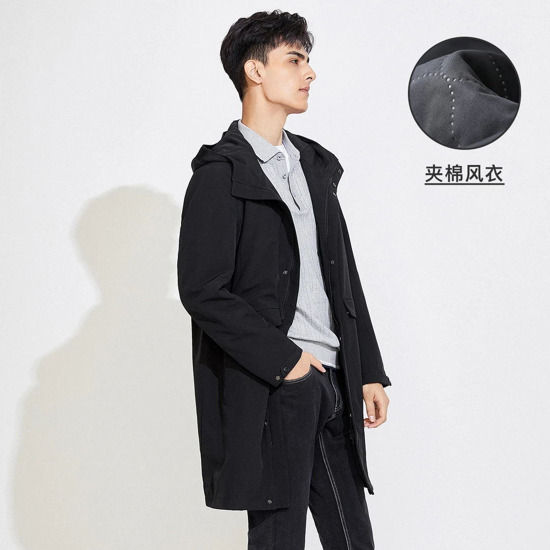 navigare意大利小帆船春秋男士防风保暖夹棉风衣时尚长款连帽外套